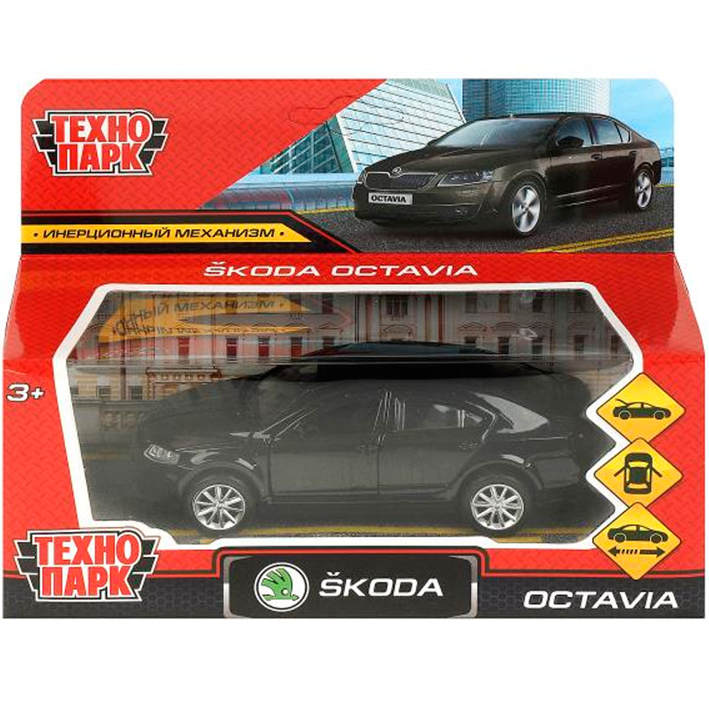 Модель OCTAVIA-12-BK SKODA OCTAVIA 12 см, двери, багаж, инерц. черный Технопарк  в коробке