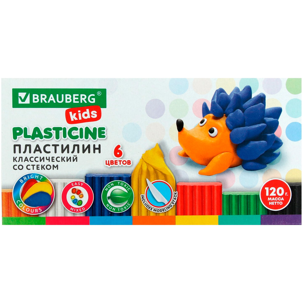 Пластилин 6 цв KIDS 120гр. со стеком 106435 BRAUBERG.